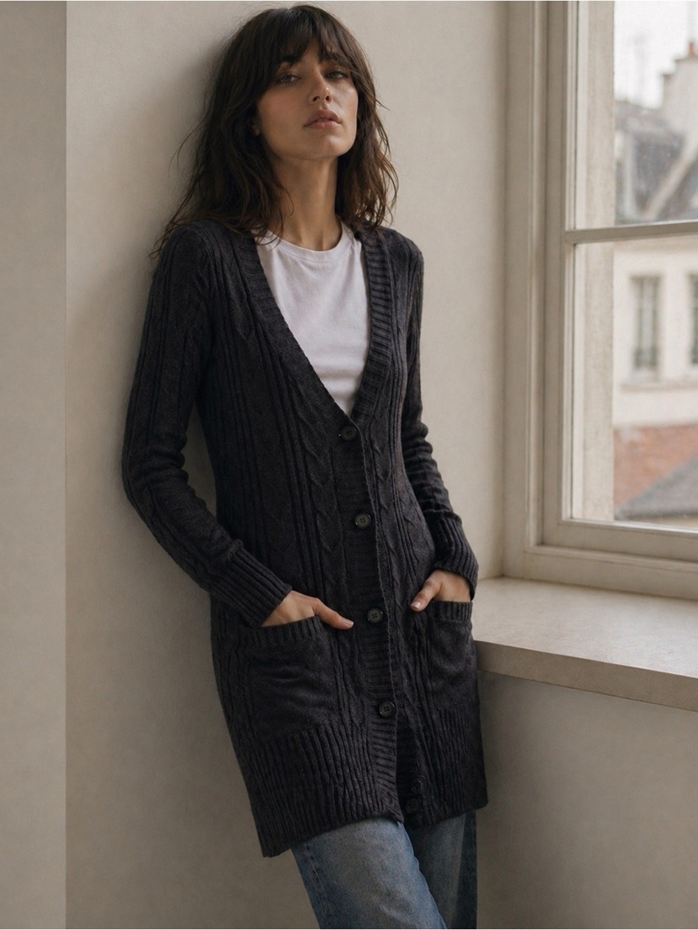 JAMES PERSE Cotton Linen Long Cardigan Charcoal Grey Button Front Minimalist Lux